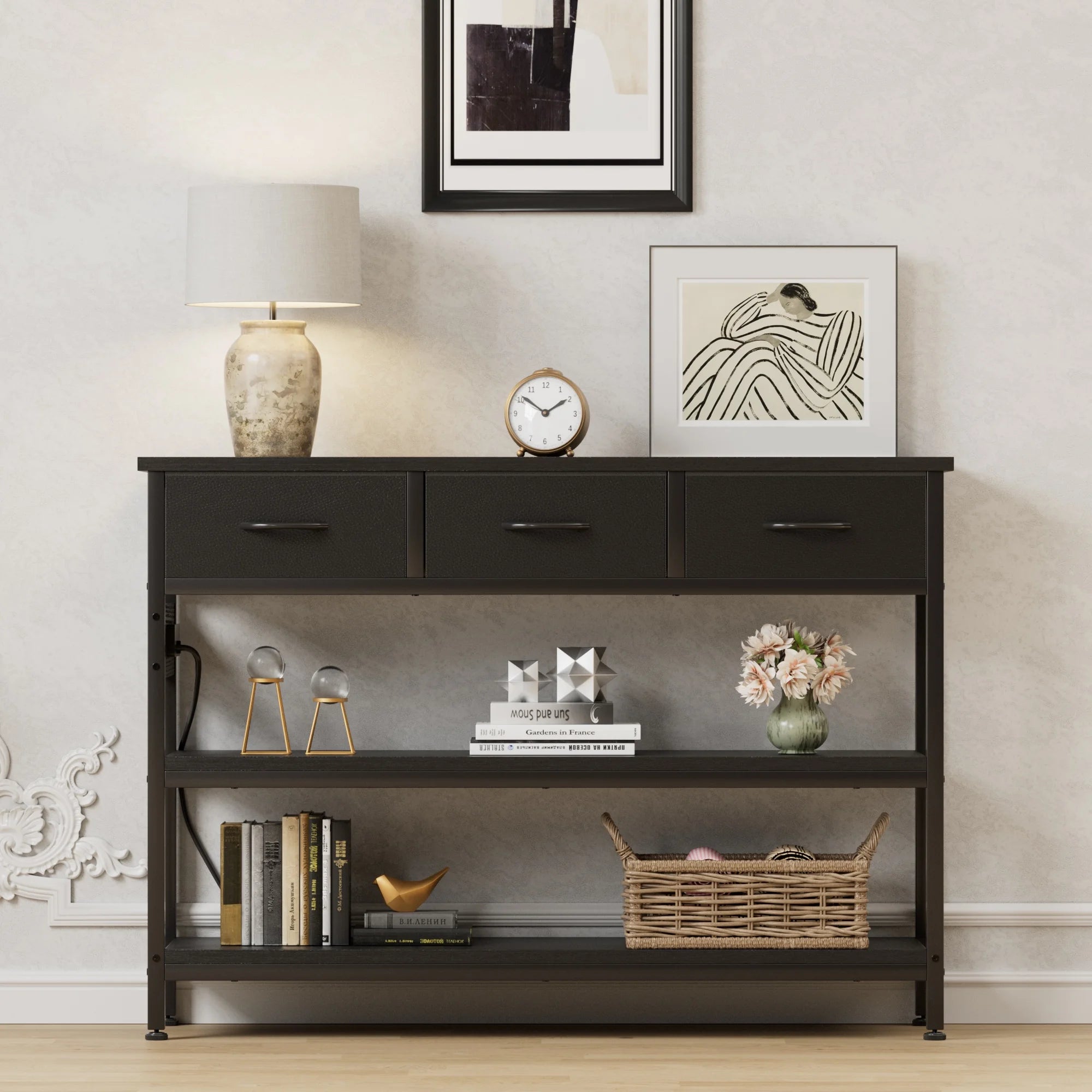 Console Table with Power Outlet,43.3" L Narrow Sofa Table with Fabric Drawers, Entryway Table Behind Couch Table for Entryway, Hallway, Foyer, Living Room, Bedroom, Black