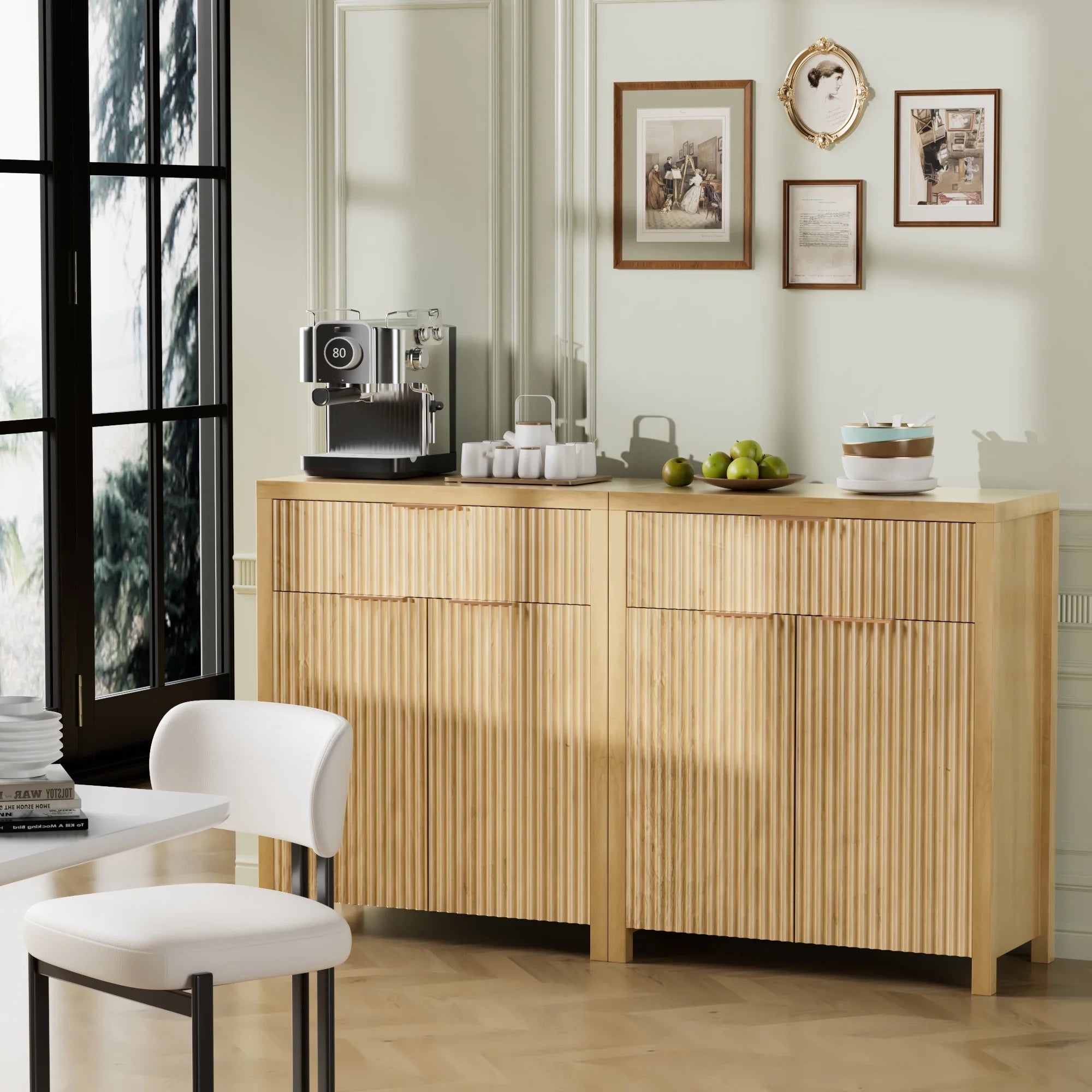 Sideboard Buffet Cabinet, Kitchen Storage Organizer with Adjustable Shelf and Doors, Boho Fluted Accent Cabinet with Storage Drawer for Dining Living Room Furniture, Natural Oak