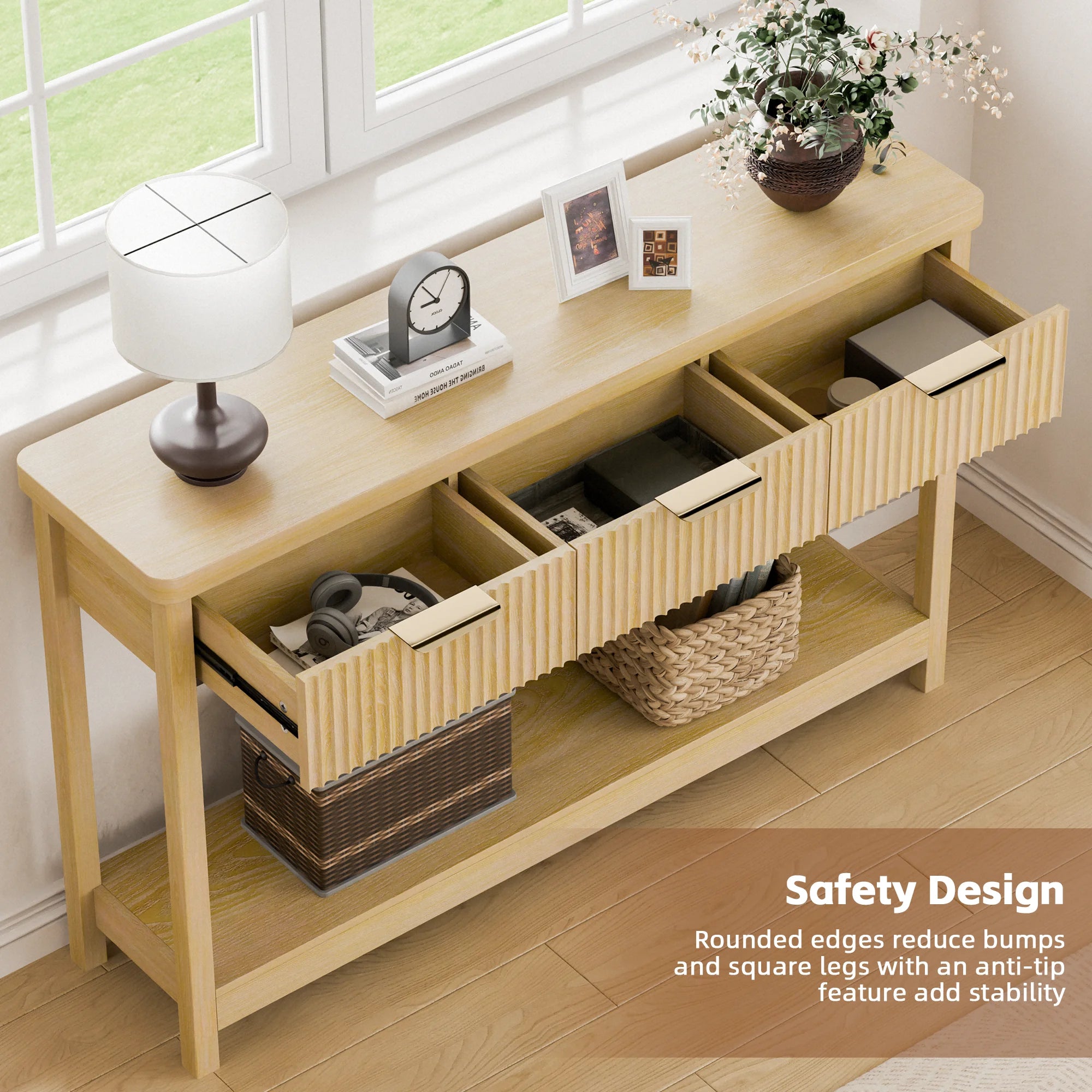 Fluted Console Table, 51" Narrow Entryway Table with 3 Drawers, Console Table Sofa Table with Storage Open Shelf, Modern Display Shelf for Hallway Living Room, Natural Oak