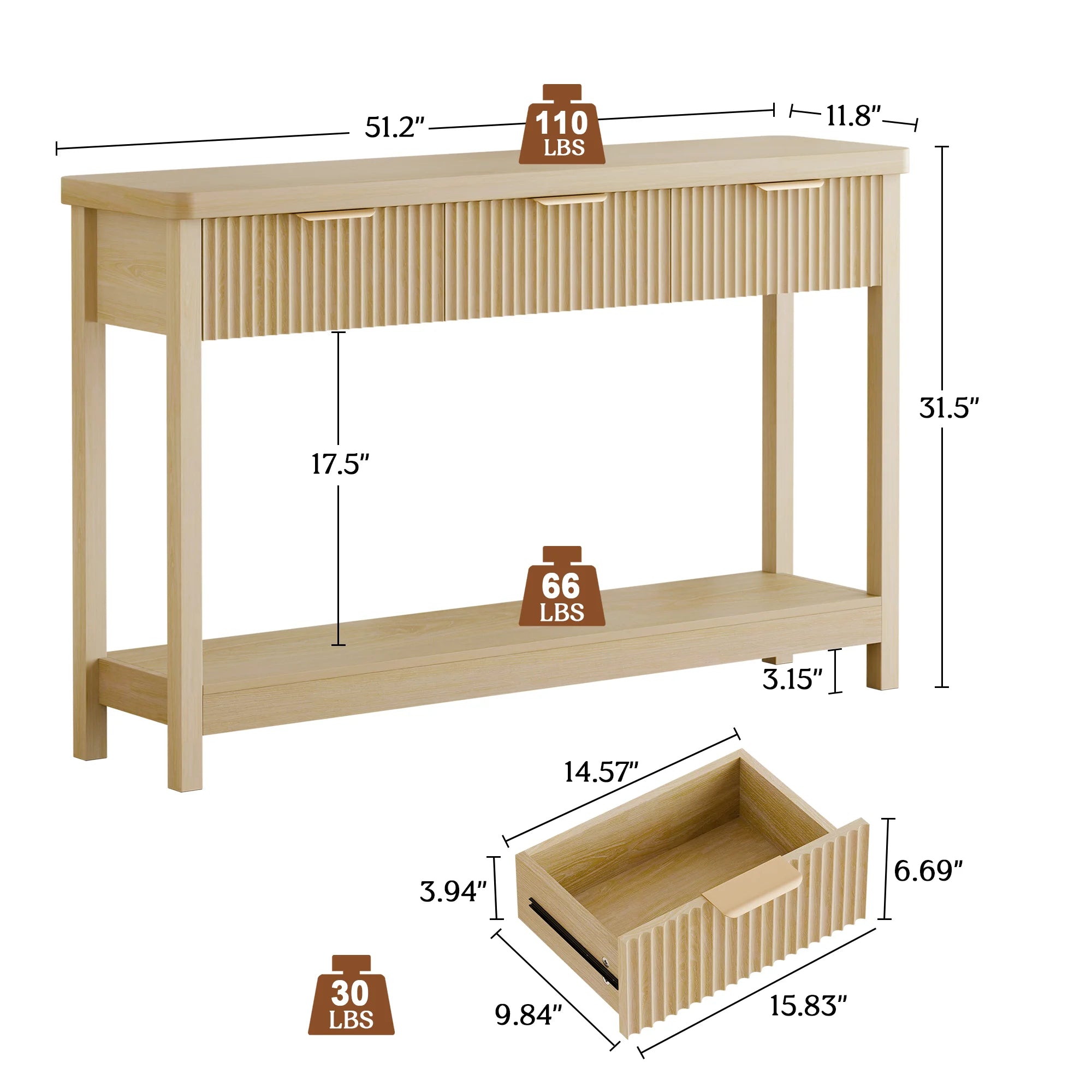 Fluted Console Table, 51" Narrow Entryway Table with 3 Drawers, Console Table Sofa Table with Storage Open Shelf, Modern Display Shelf for Hallway Living Room, Natural Oak
