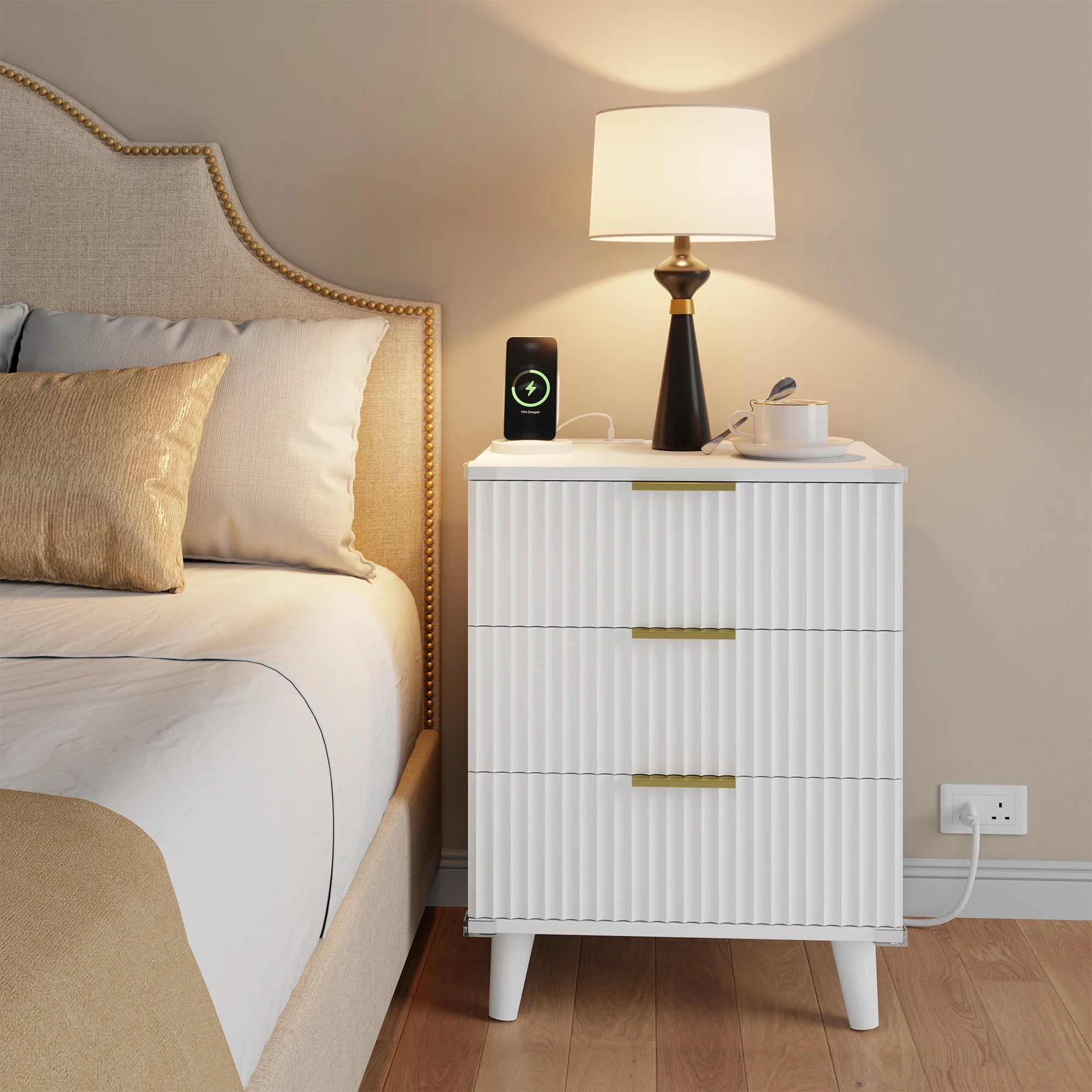 Fluted 3 Drawer Dresser, Small Dresser & End Table with Charging Station, White Dresser with Solid Wooden Legs for Bedroom, White
