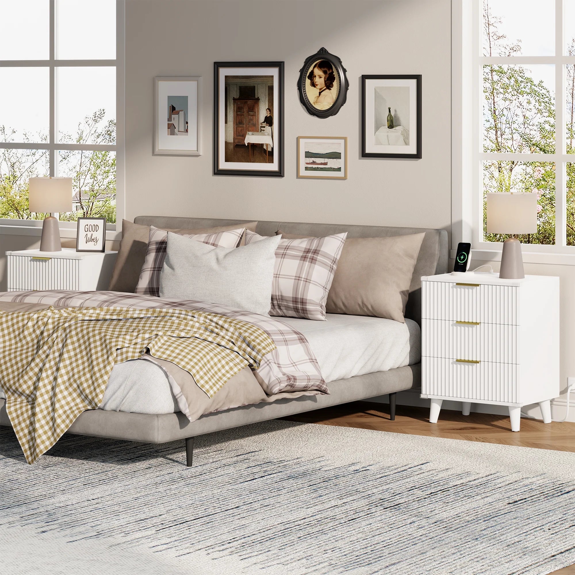 Fluted 3 Drawer Dresser, Small Dresser & End Table with Charging Station, White Dresser with Solid Wooden Legs for Bedroom, White