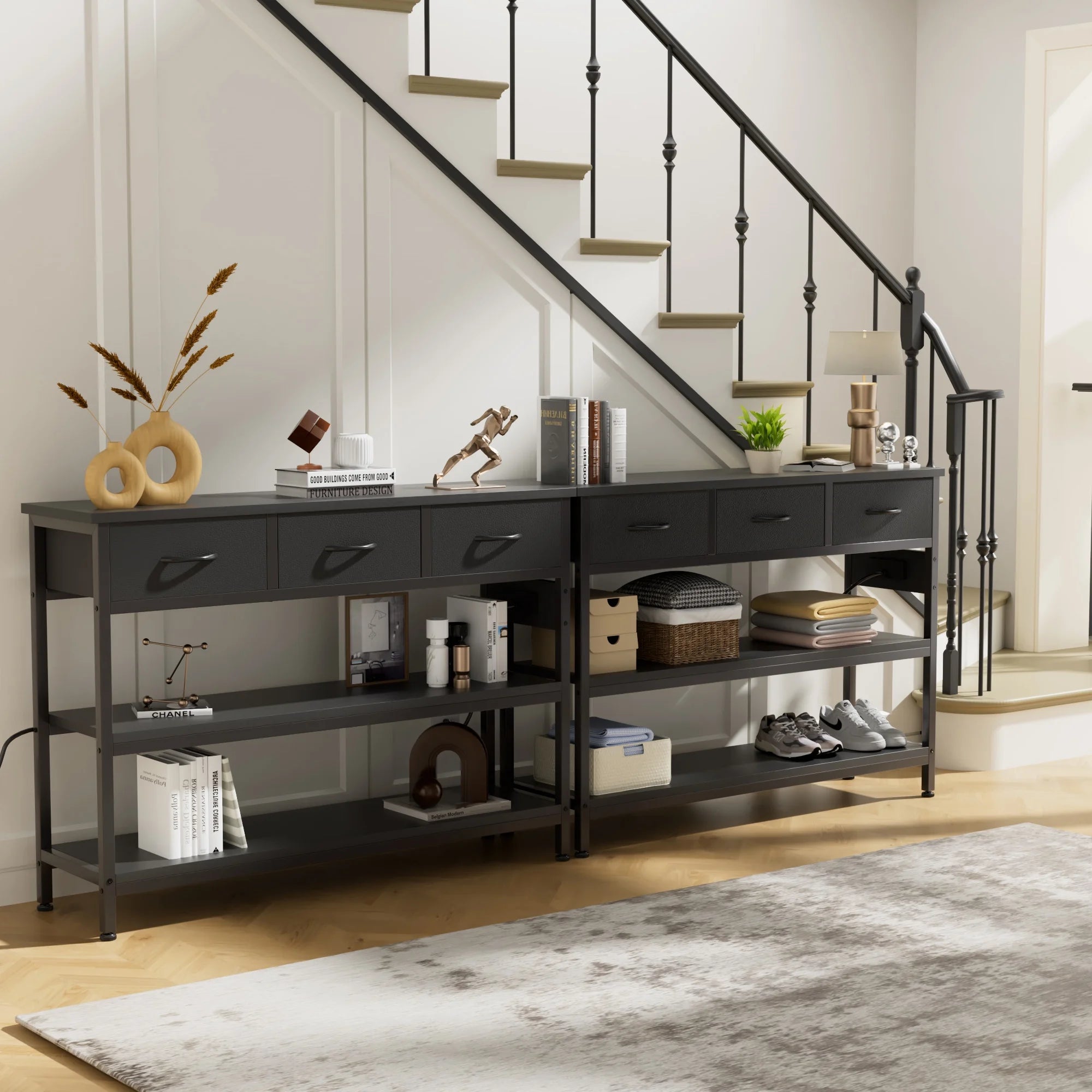 Console Table with Power Outlet,43.3" L Narrow Sofa Table with Fabric Drawers, Entryway Table Behind Couch Table for Entryway, Hallway, Foyer, Living Room, Bedroom, Black