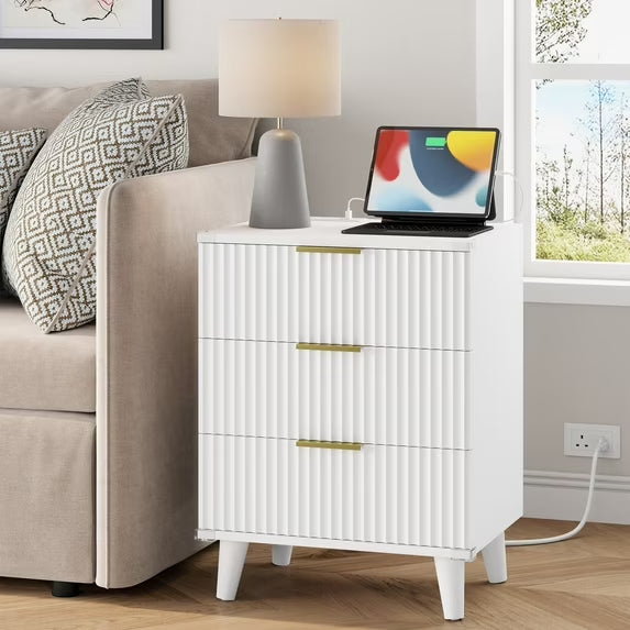 Fluted 3 Drawer Dresser, Small Dresser & End Table with Charging Station, White Dresser with Solid Wooden Legs for Bedroom, White
