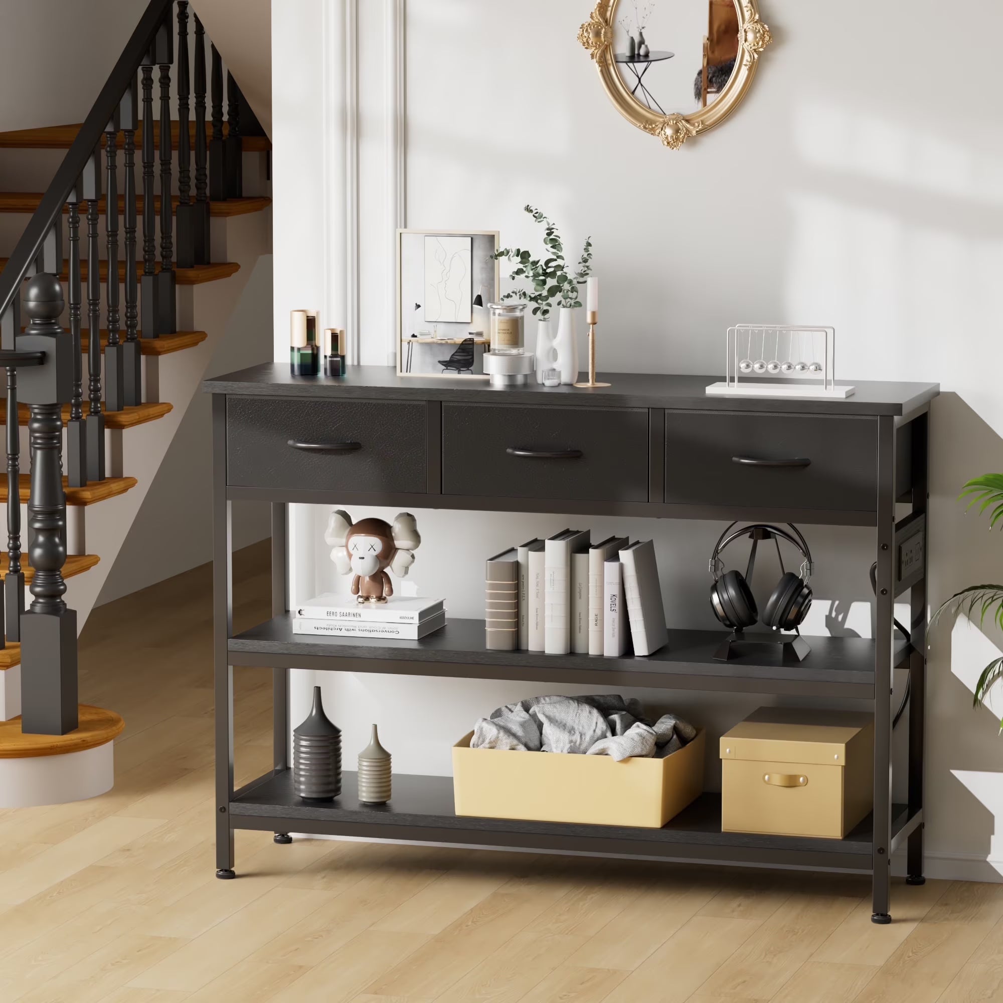 Console Table with Power Outlet,43.3" L Narrow Sofa Table with Fabric Drawers, Entryway Table Behind Couch Table for Entryway, Hallway, Foyer, Living Room, Bedroom, Black