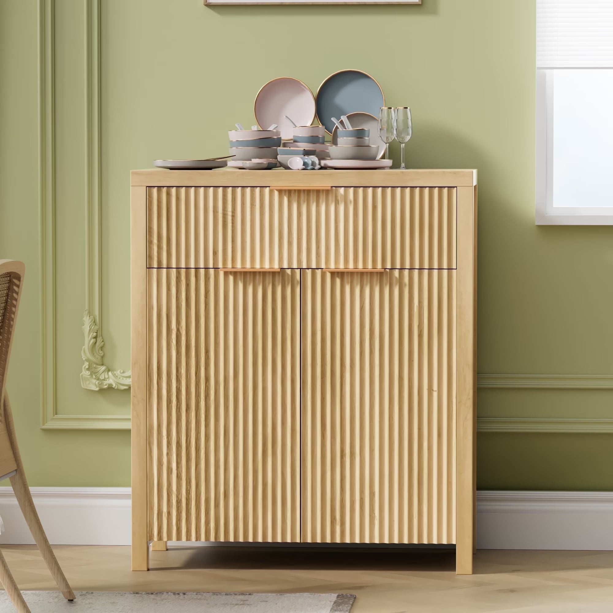 Sideboard Buffet Cabinet, Kitchen Storage Organizer with Adjustable Shelf and Doors, Boho Fluted Accent Cabinet with Storage Drawer for Dining Living Room Furniture, Natural Oak