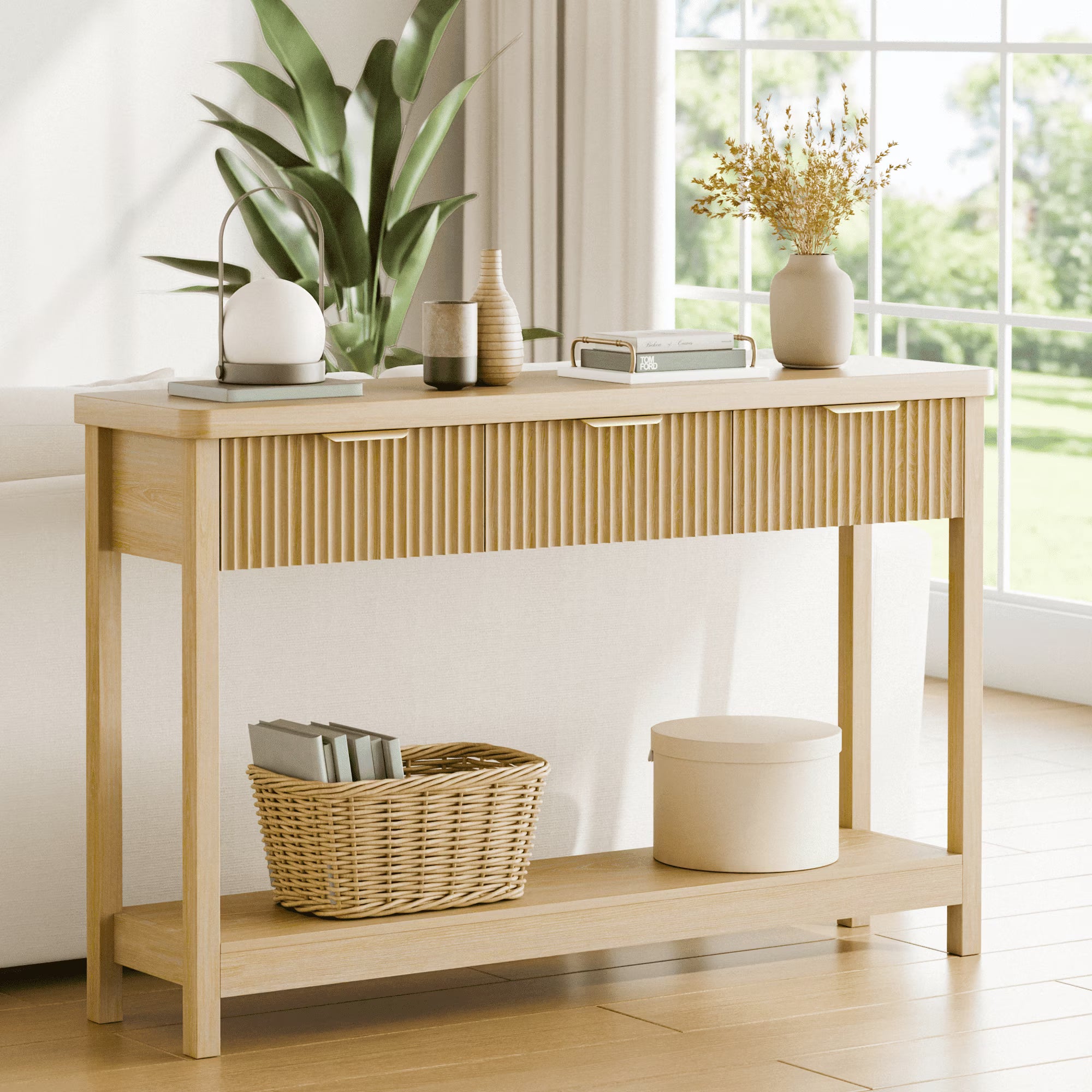 Fluted Console Table, 51" Narrow Entryway Table with 3 Drawers, Console Table Sofa Table with Storage Open Shelf, Modern Display Shelf for Hallway Living Room, Natural Oak