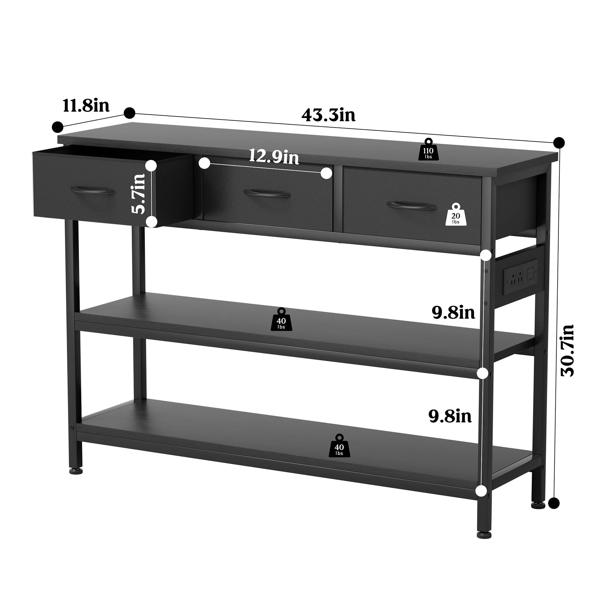 Console Table with Power Outlet,43.3" L Narrow Sofa Table with Fabric Drawers, Entryway Table Behind Couch Table for Entryway, Hallway, Foyer, Living Room, Bedroom, Black