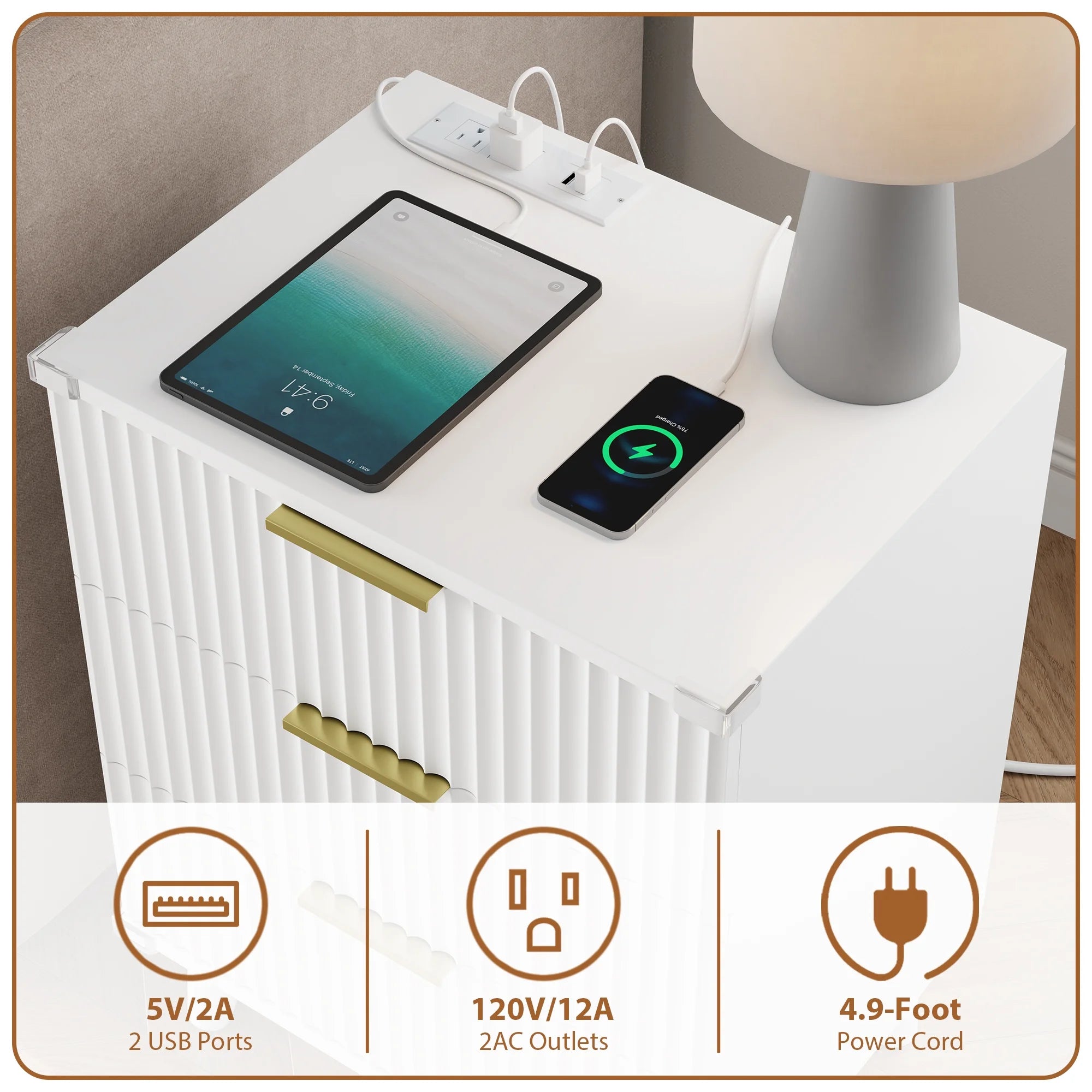 Fluted 3 Drawer Dresser, Small Dresser & End Table with Charging Station, White Dresser with Solid Wooden Legs for Bedroom, White