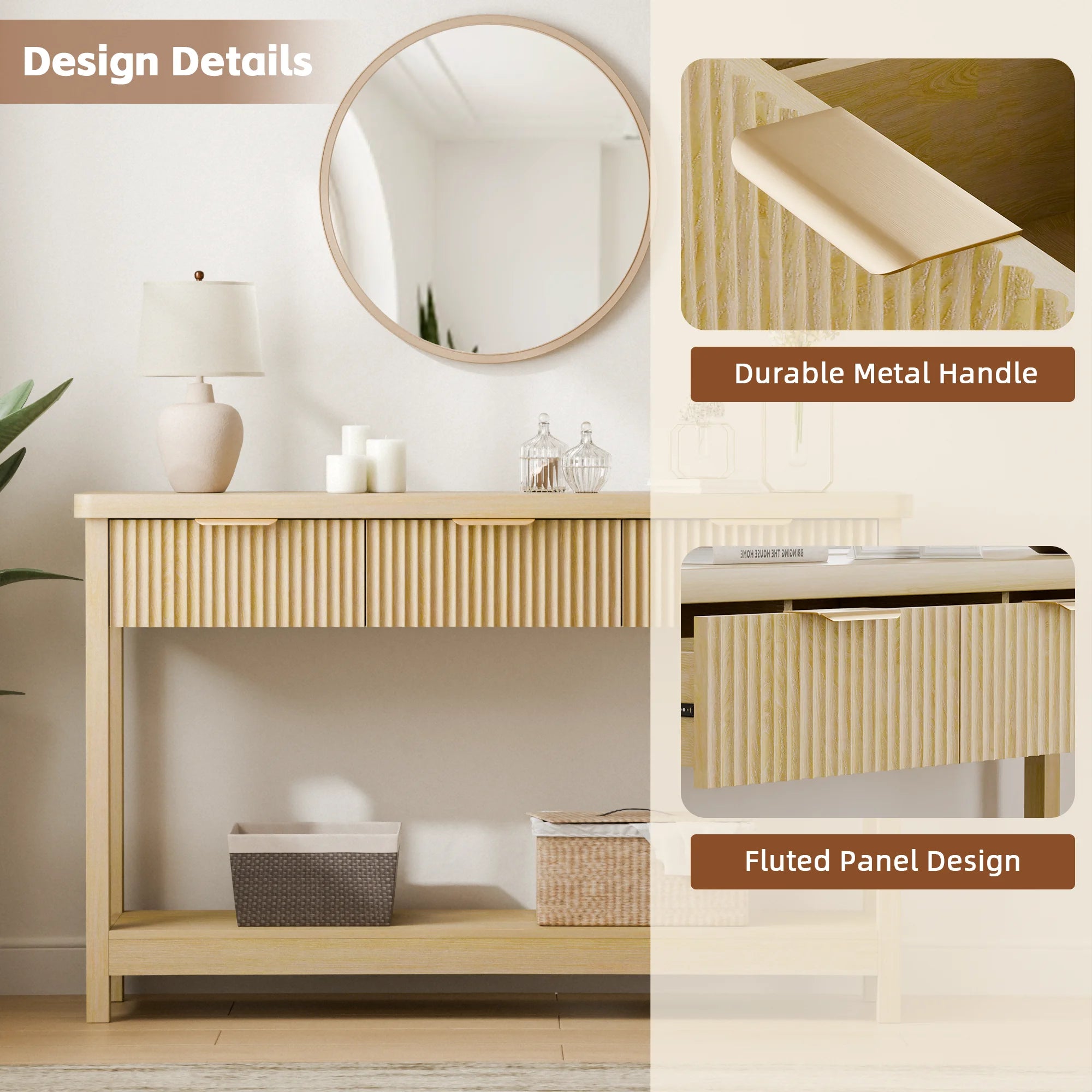 Fluted Console Table, 51" Narrow Entryway Table with 3 Drawers, Console Table Sofa Table with Storage Open Shelf, Modern Display Shelf for Hallway Living Room, Natural Oak