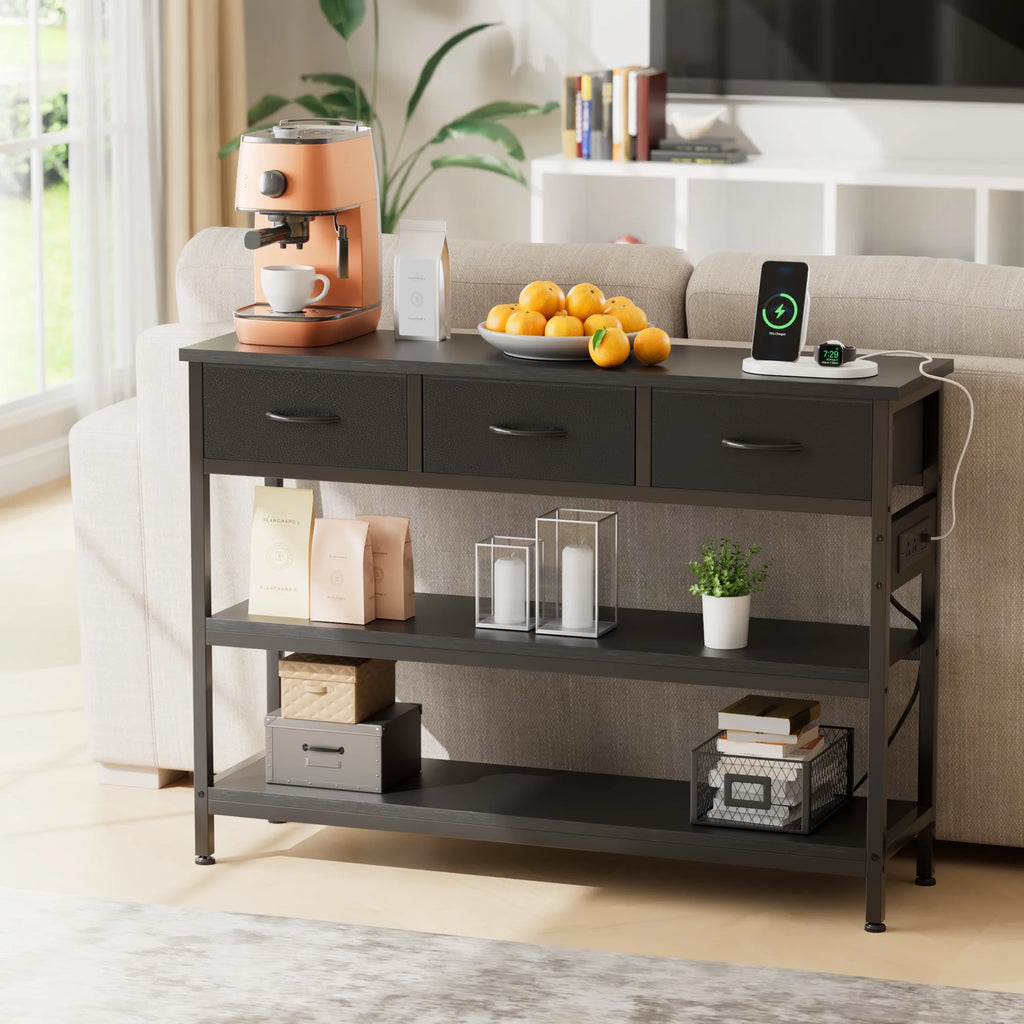 Console Table with Power Outlet,43.3" L Narrow Sofa Table with Fabric Drawers, Entryway Table Behind Couch Table for Entryway, Hallway, Foyer, Living Room, Bedroom, Black