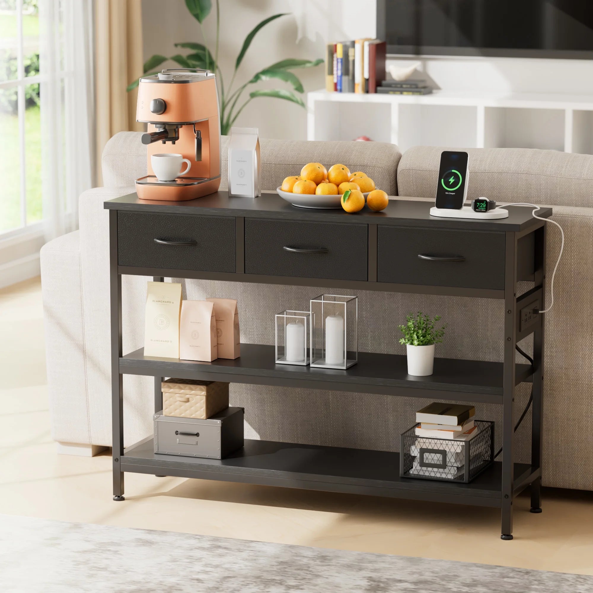Console Table with Power Outlet,43.3" L Narrow Sofa Table with Fabric Drawers, Entryway Table Behind Couch Table for Entryway, Hallway, Foyer, Living Room, Bedroom, Black