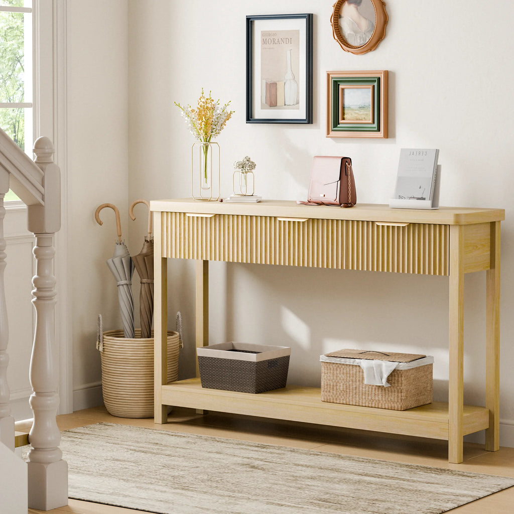 Fluted Console Table, 51" Narrow Entryway Table with 3 Drawers, Console Table Sofa Table with Storage Open Shelf, Modern Display Shelf for Hallway Living Room, Natural Oak