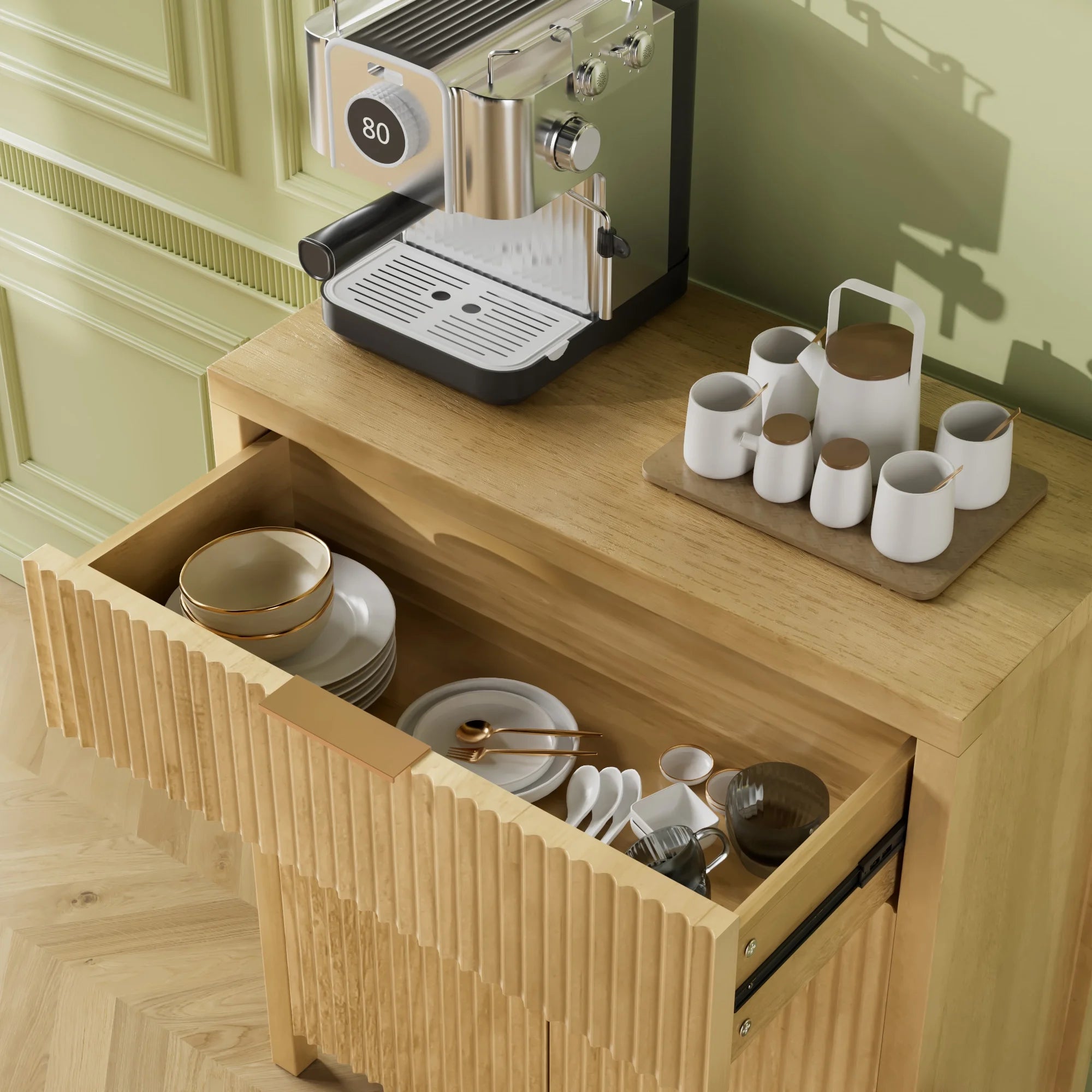 Sideboard Buffet Cabinet, Kitchen Storage Organizer with Adjustable Shelf and Doors, Boho Fluted Accent Cabinet with Storage Drawer for Dining Living Room Furniture, Natural Oak