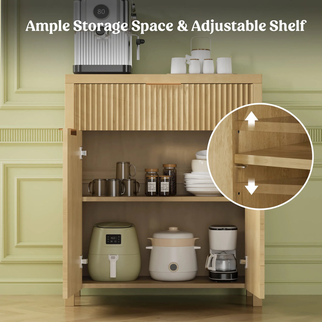 Sideboard Buffet Cabinet, Kitchen Storage Organizer with Adjustable Shelf and Doors, Boho Fluted Accent Cabinet with Storage Drawer for Dining Living Room Furniture, Natural Oak