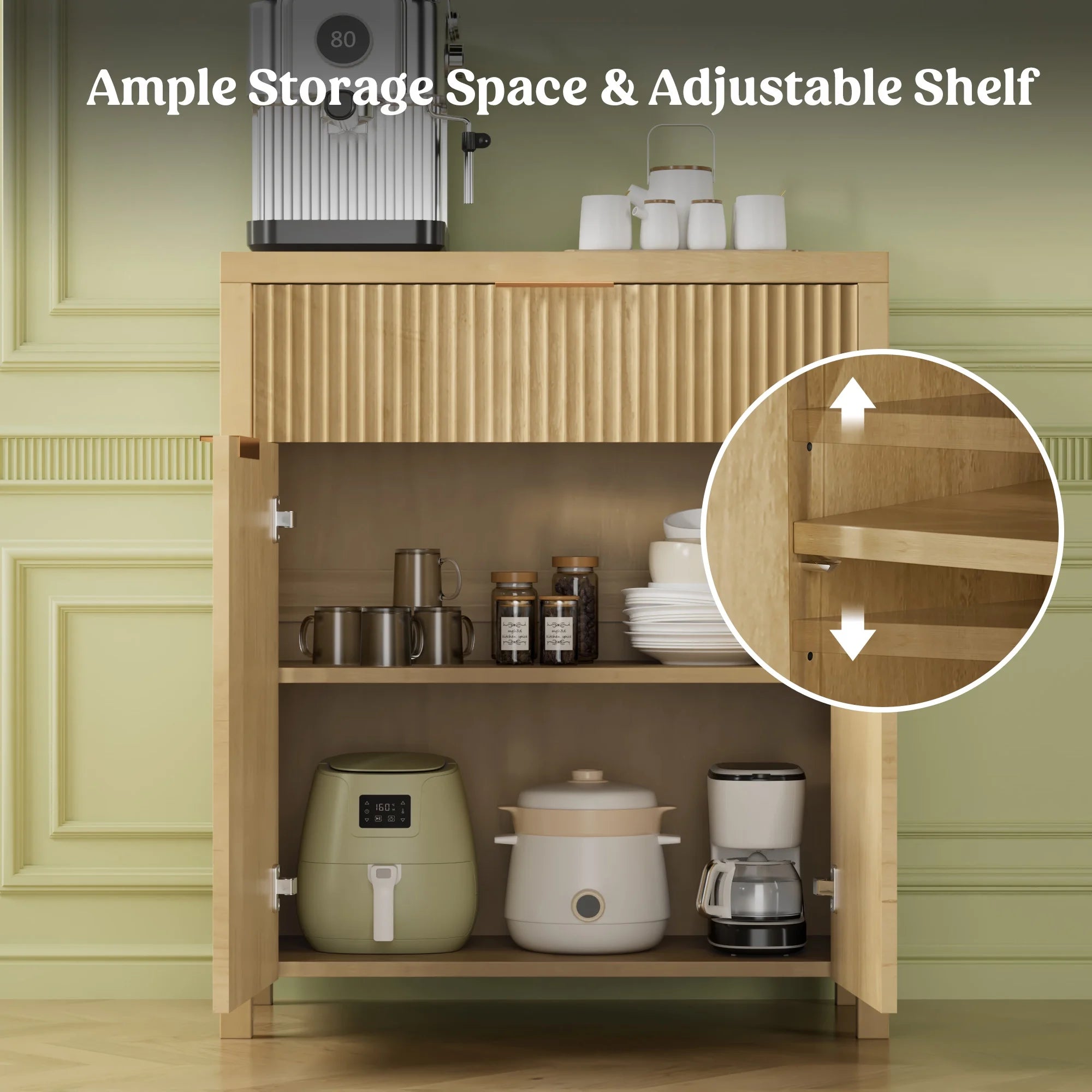 Sideboard Buffet Cabinet, Kitchen Storage Organizer with Adjustable Shelf and Doors, Boho Fluted Accent Cabinet with Storage Drawer for Dining Living Room Furniture, Natural Oak